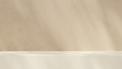 Fototapeta premium Wide beige empty product stage with soft light and shadow. Minimal studio setup for product mockup, cosmetic advertising and clean presentation background. 3D render.