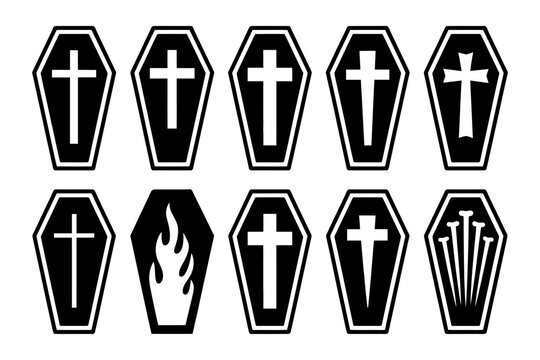 Vector of a variety of coffins with crosses and flames