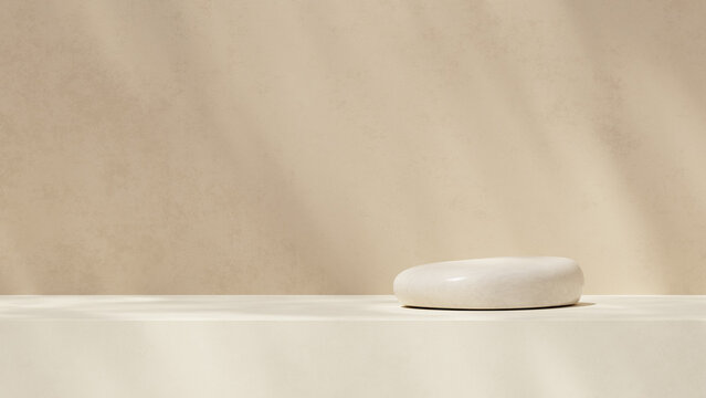 Clean beige product platform with soft lighting. Minimal studio setup for cosmetic mockup and product presentation. 3D render.