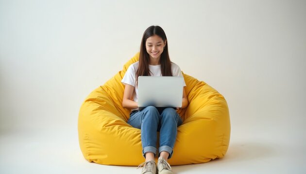 Young asian woman smiles using silver laptop while sitting on large yellow bean bag chair. She wears blue jeans and white t-shirt, working or studying comfortably at home, remote work.