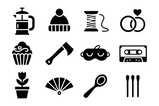 Collection of vector icons representing everyday objects and activities in a minimalist style