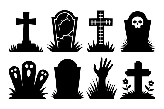 Vector of dark tombstones with ghosts and zombie hands emerging from graves