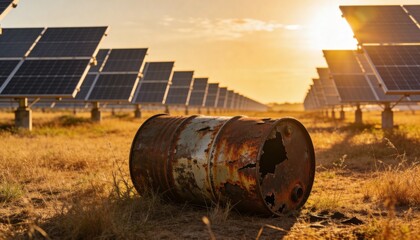 Obraz premium Lying rusted metal barrel showing large holes and flaking paint at solar farm, with solar panels