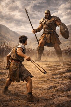 Young David with a sling confronts the giant Goliath in full armor on the battlefield &mdash; an epic biblical scene of duel, courage and victory of the weak over the strong