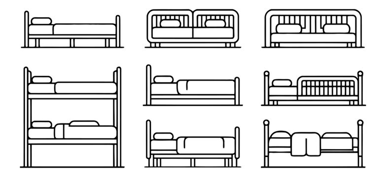 Collection of various bed designs is illustrated in vector format including bunk beds and canopy beds