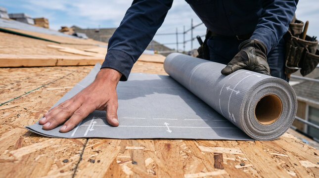 Roofer installing synthetic underlayment membrane on residential house roof