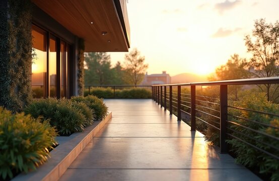 Modern balcony with neat green plants and black railing during sunset. Contemporary exterior space features concrete floor and exterior wall with plant. Nice scenery.
