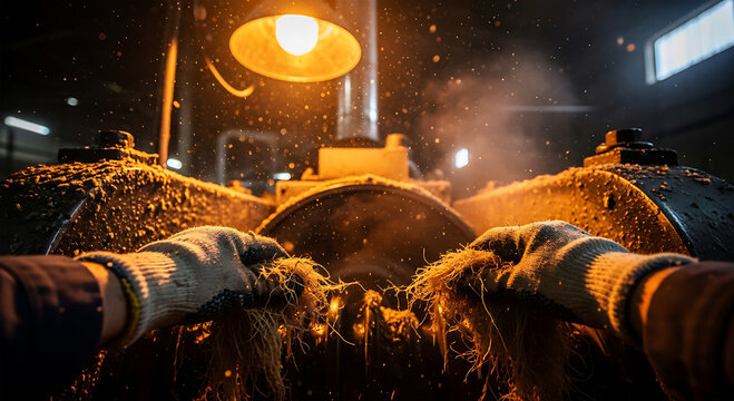 Employee Loads Sugarcane Fiber into Industrial Pulping Vat at Factory