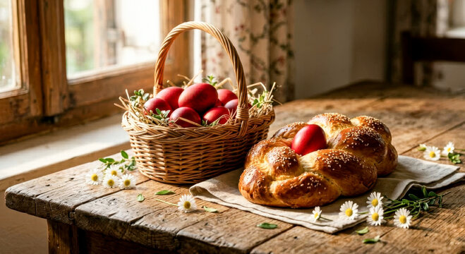 Greek easter tsoureki and red eggs tradition