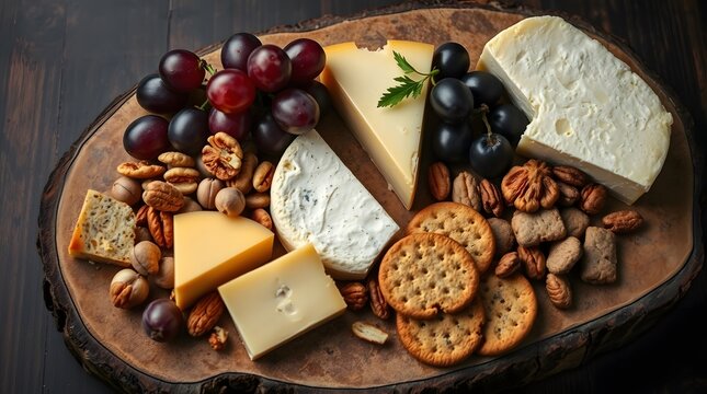 Assorted cheeses, grapes, bread and wine on wooden board isolated on white background

