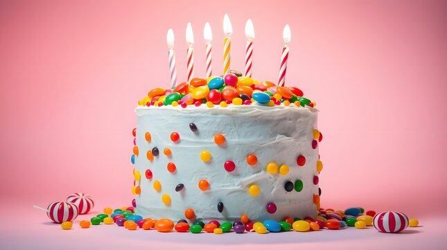 Pink birthday cupcake with burning candle and colorful sprinkles on pastel background

