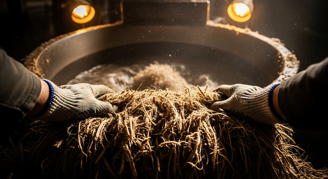 Sugarcane Fiber Being Added to Industrial Pulping Vat by Factory Employee