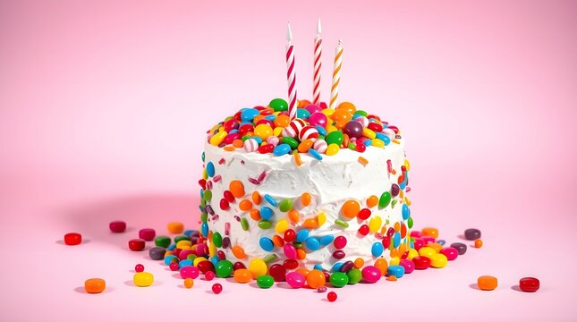 Pink frosted bundt cake with colorful sprinkles on white pedestal stand isolated on pastel background

