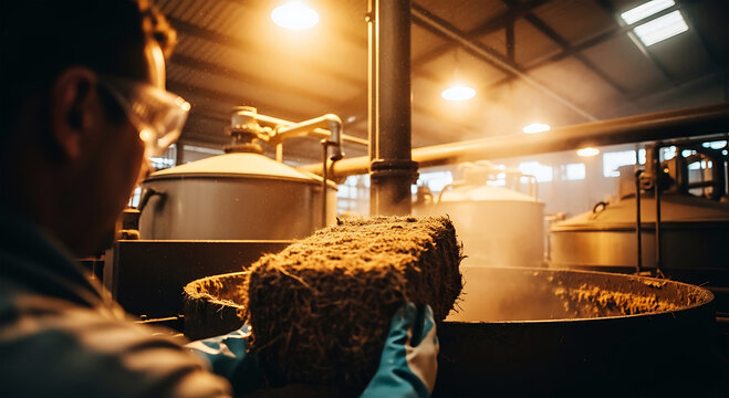Dry Bagasse Fiber Bales Loaded into Large Pulper by Industrial Worker