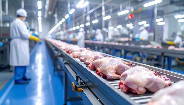 Chicken Processing Plant - Automated Production Line and Workers.