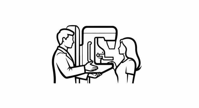 Doctor and patient at mammography machine
