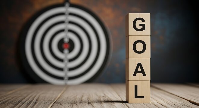 A wooden block tower with the word GOAL in front of a target with an arrow hitting the bullseye