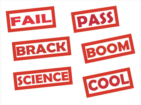 Red rectangular stamp labels featuring bold white text that spell out various positive and negative words like fail pass brack boom science and cool in a scattered arrangement on a plain white backgro