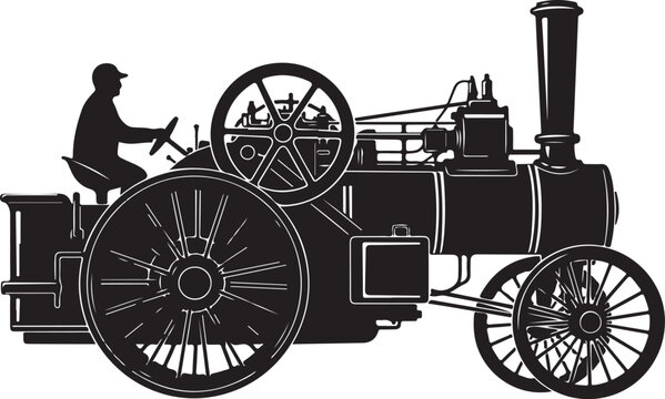 Vintage steam tractor, antique farm equipment, black silhouette, industrial machine, vector illustration