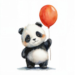 Obraz premium Cute Baby Panda with Orange Balloon Watercolor Illustration