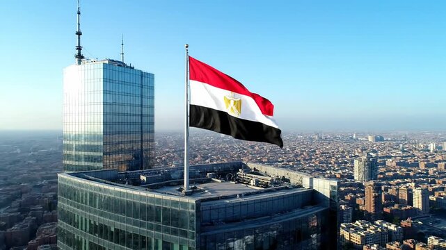Egyptian flag waving proudly on a modern skyscraper rooftop with a vast city skyline under clear blue sky
