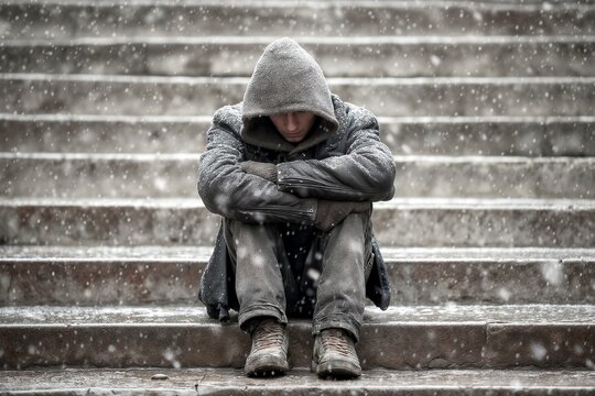 A lonely homeless man, person sitting hunched on cold stone steps, stairs covered in falling snow  city street, reflecting feelings of sadness, loneliness, and despair in  winter environment, outdoors