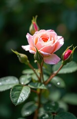 Obraz premium Pink rose bud and full bloom with water drops in summer garden. Soft light illuminates delicate petals. Green leaves and stems show plant life, fresh nature beauty.
