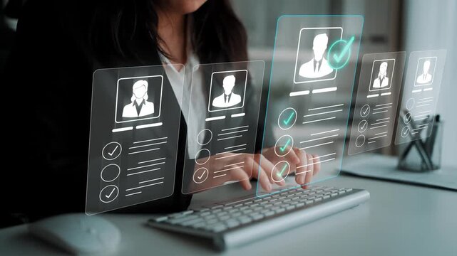 Professional Woman Evaluating Resumes with Digital Interface in Modern Office, Focus on Hiring Process and Technology Integration for Recruitment Sigmoid