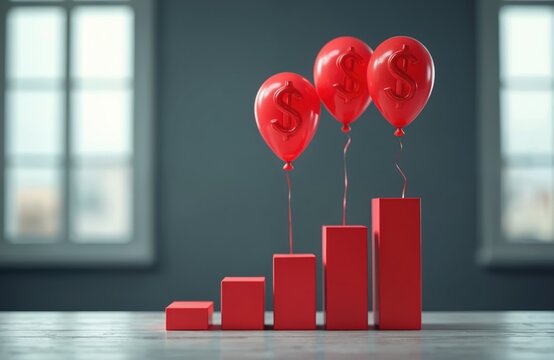 Red balloons with dollar signs float above rising red bar graph columns. Shows economic growth. Represents rising prices. Concept for financial success. Economy trends.