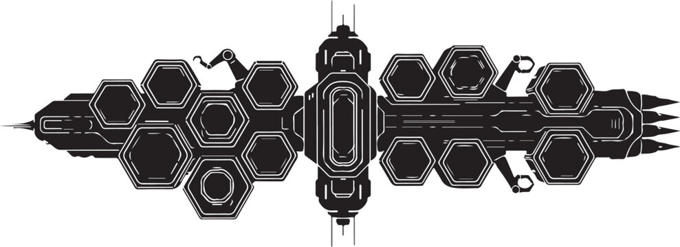 Futuristic spaceship, sci-fi vehicle, honeycomb structure, black metallic illustration
