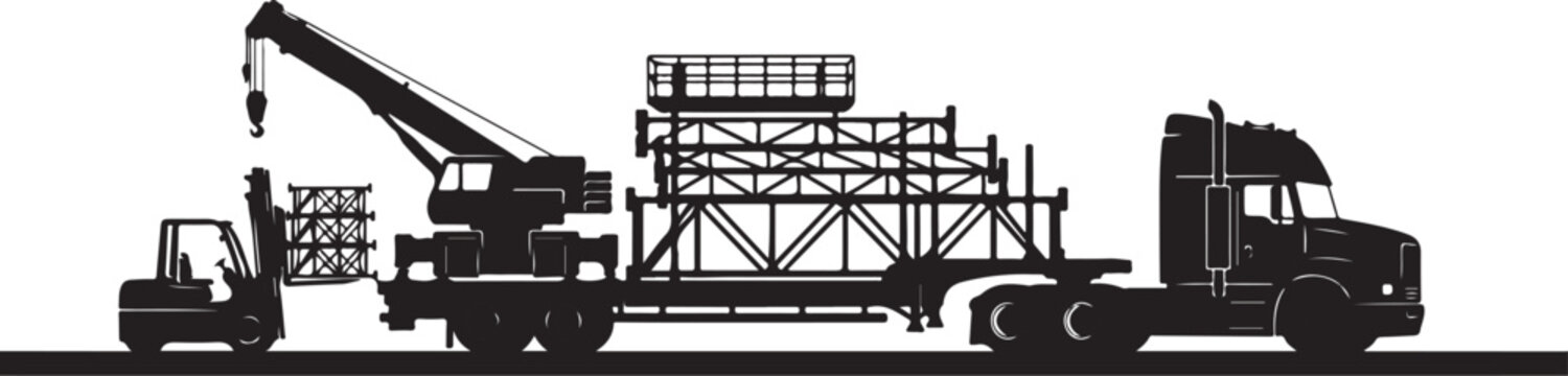 Heavy duty truck, crane, and scaffolding vector, industrial construction equipment, black silhouette, transportation and building site illustration