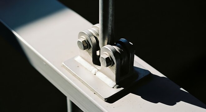 Close-up of a steel railing hinge attachment with bolts