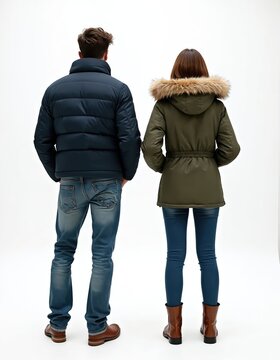 Couple in winter jackets stand side by side. Man wears puffer coat, woman has parka with fur hood. They look ahead on white background. Fashion, winter wear.