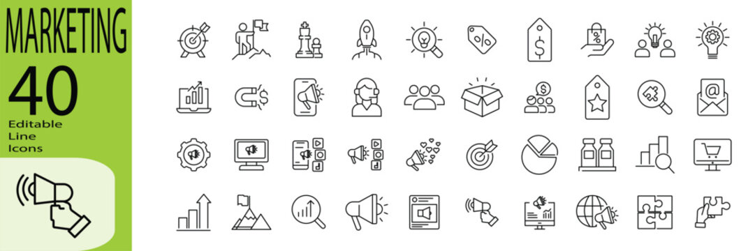 Marketing icon set. Editable stroke. Vector illustration.