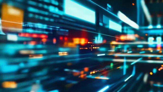 Digital data streams and glowing lines illuminate a fast paced screen, representing complex information processing, technology, and interconnected data networks in motion