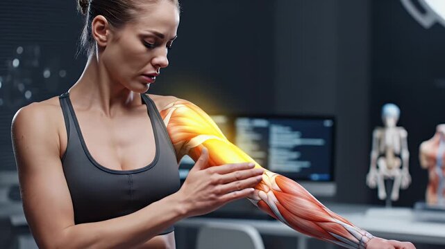 Caucasian Woman in Charcoal Athletic Wear Examines Anatomical Muscle Structure Overlay on Arm