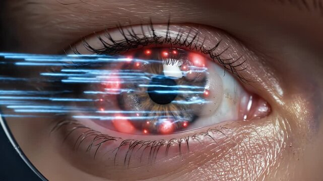 CGI Visualization of Eye Dryness Caused by Air Particles Striking the Cornea With Red Irritation and Blue Light Streaks