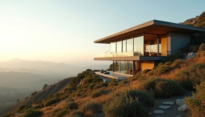 Modern glass home sits on a scenic mountain hillside at sunset. Offers panoramic views of distant valleys and rolling hills under a clear sky, exuding luxury and peace.
