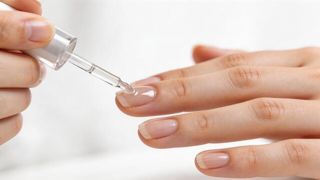 Closeup of a hand applying clear nail polish with a brush showcasing healthy manicured nails and beauty care routine perfect for cosmetic and wellness concepts