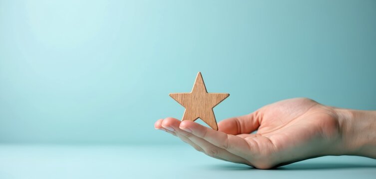 Hand holds wooden star against blue background. Symbolizes feedback, quality, success, and positive client opinion. Customer choice, high rating, and service appraisal.