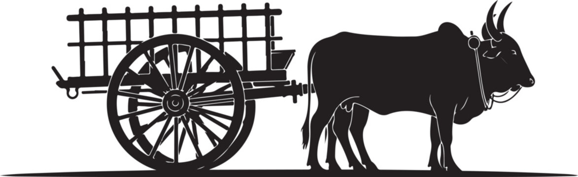 Black ox, ox cart, farm vehicle, rural transportation, silhouette illustration