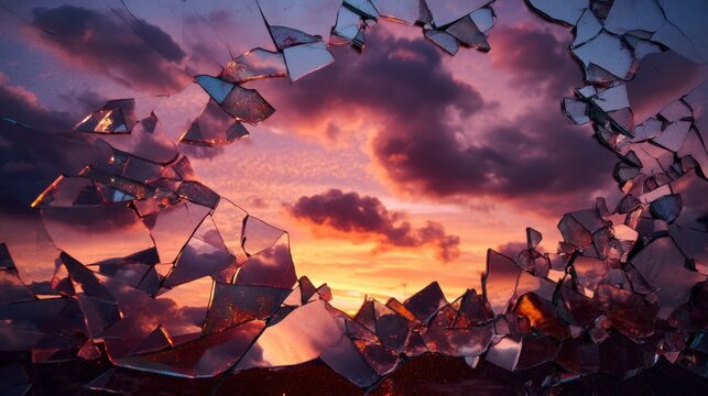 割れたガラスの穴から見える夕焼けの空。鋭い破片に縁取られた紫色の雲。障壁の突破と新しい視点の概念