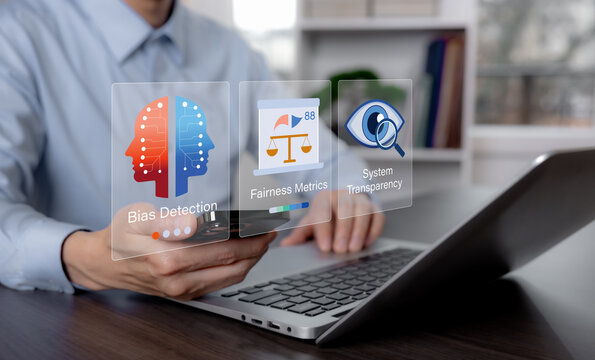 Business interface showing bias detection, fairness metrics, and system transparency, representing responsible AI evaluation, ethical review, and trustworthy algorithm oversight.