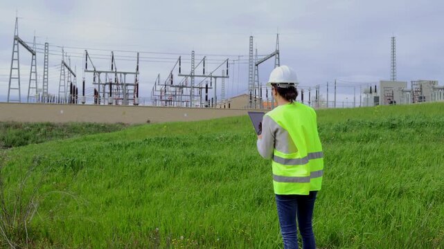 Female power line engineer inspecting high-voltage electrical substation using tablet. Grid maintenance technician working in a green field collecting data for a project