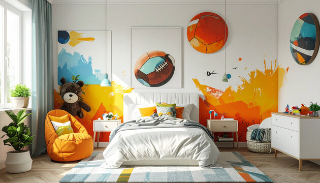 Kids Bedroom with Sports Theme Wall Design