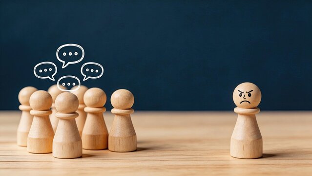 Angry wooden pawn isolated from group with speech bubbles symbolizing conflict disagreement social exclusion toxic leadership bullying bad teamwork office politics mental stress