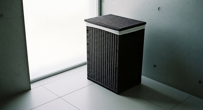 Empty black woven laundry hamper in modern minimalist room