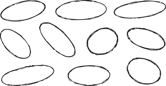 A collection of nine simple, hand-drawn black oval circles and elliptical frames.