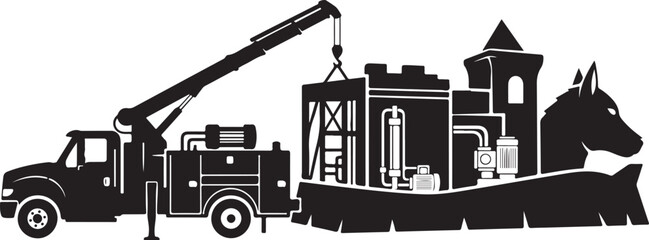 Obraz premium Black silhouette, donkey, castle, crane truck, industrial scene, vector illustration, construction, fantasy, mythical