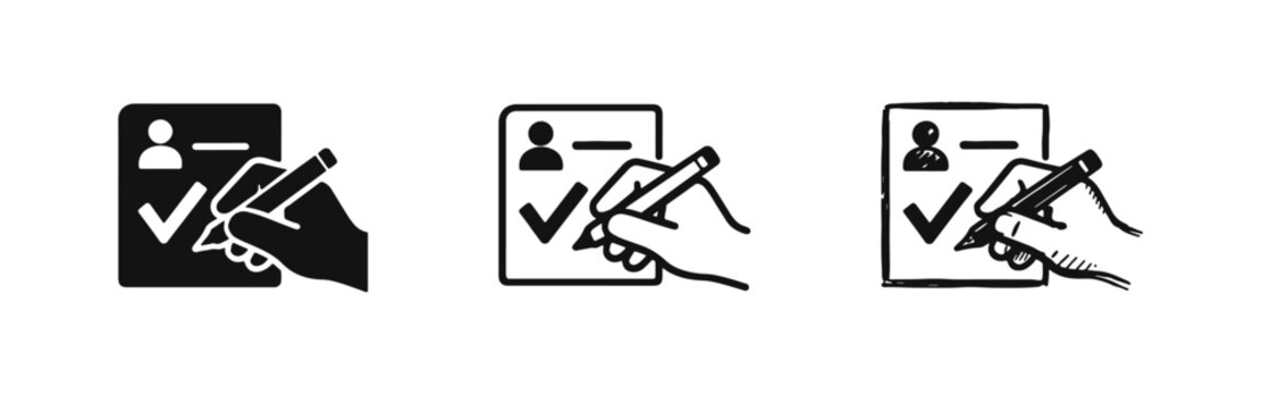 Hand signing document icon set. Application, registration, or approval process with checkmark.
